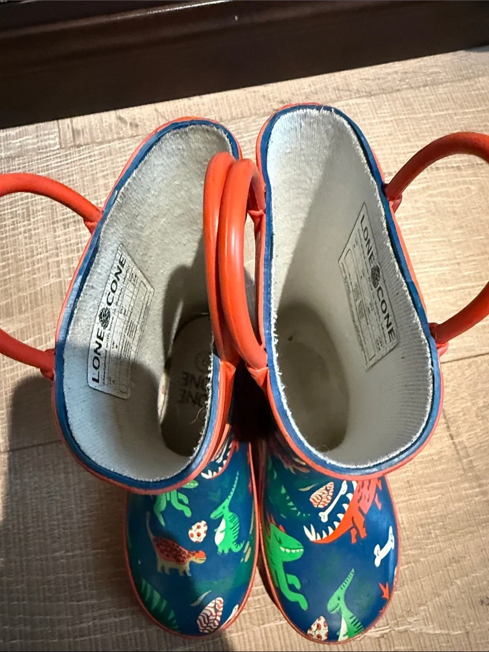 Children's Navy Rain Boot with Colorful Dinosaur Print and Red Trim
